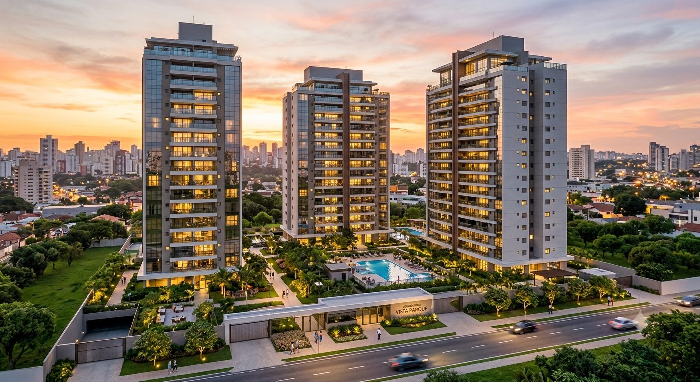 Vista aérea de torres de condomínio residencial com área de lazer ao entardecer