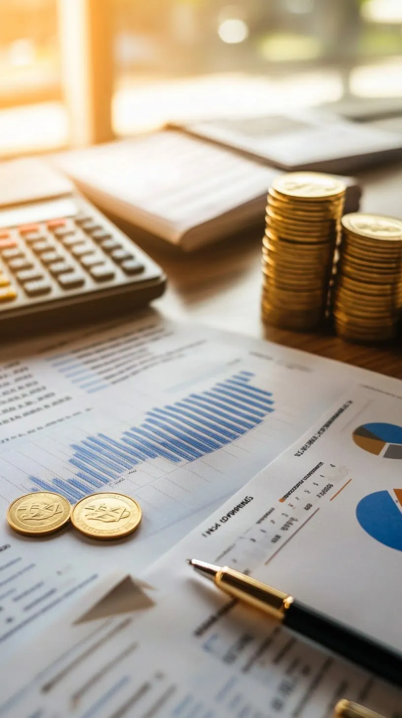 Moedas, caneta e jornal com gráficos financeiros simbolizando a prestação de contas do condomínio