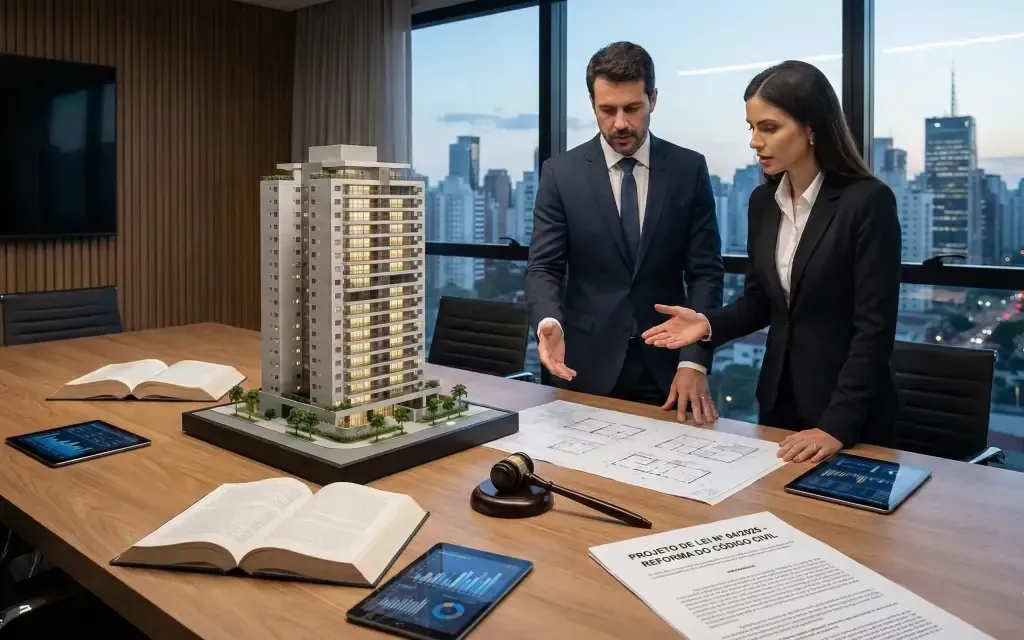 Gestores analisando maquete do edifício e documentos durante a elaboração do regimento interno do condomínio